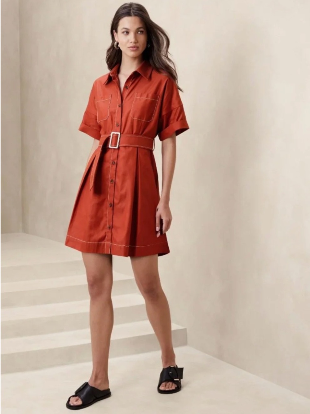 Banana Republic Contrast-Stitch Mini Shirt Dress Red Clay XS